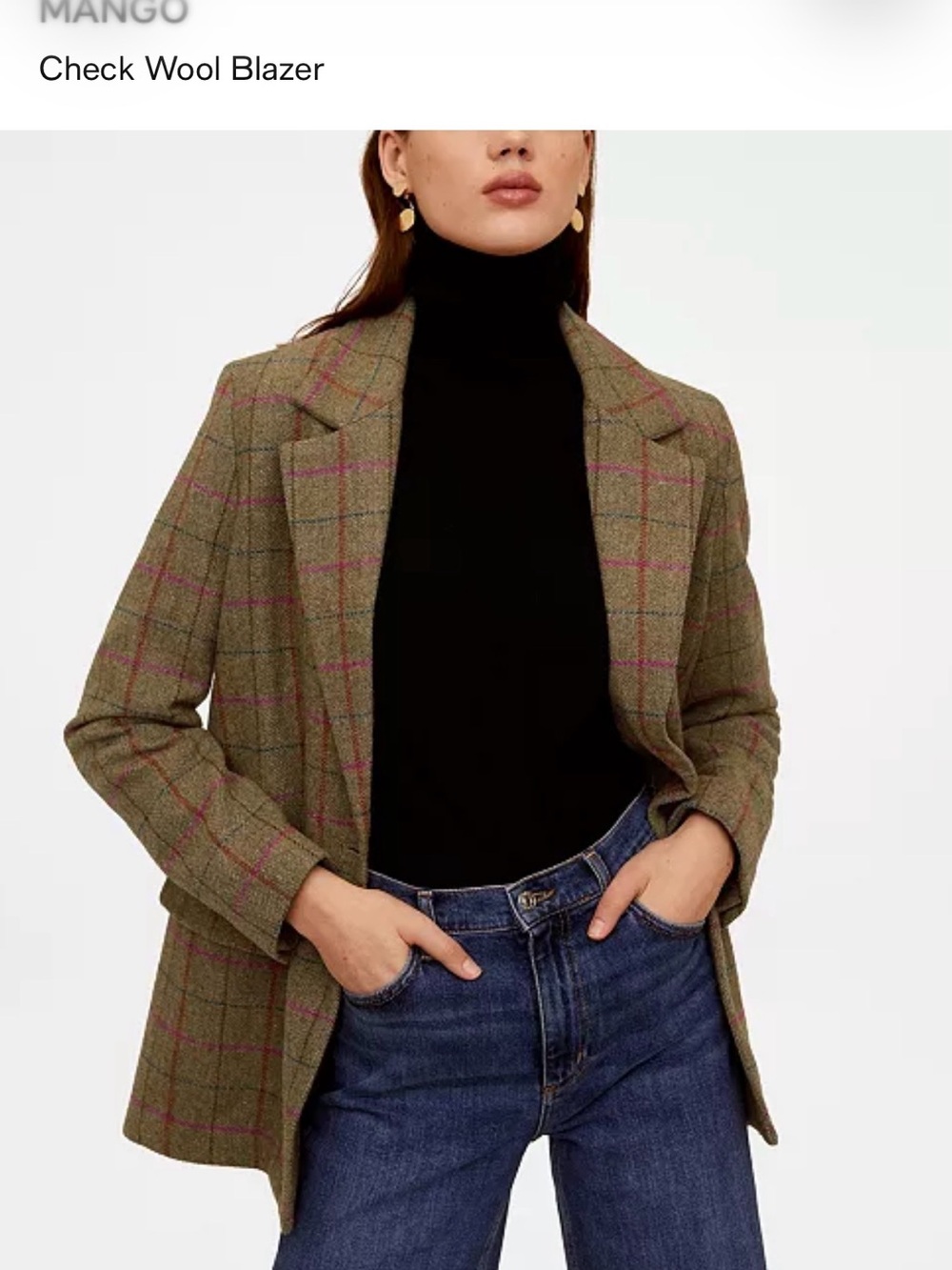 MANGO Blazer Wool Boxy Olive Checked Blazer/Coat  oversized XXS fits S